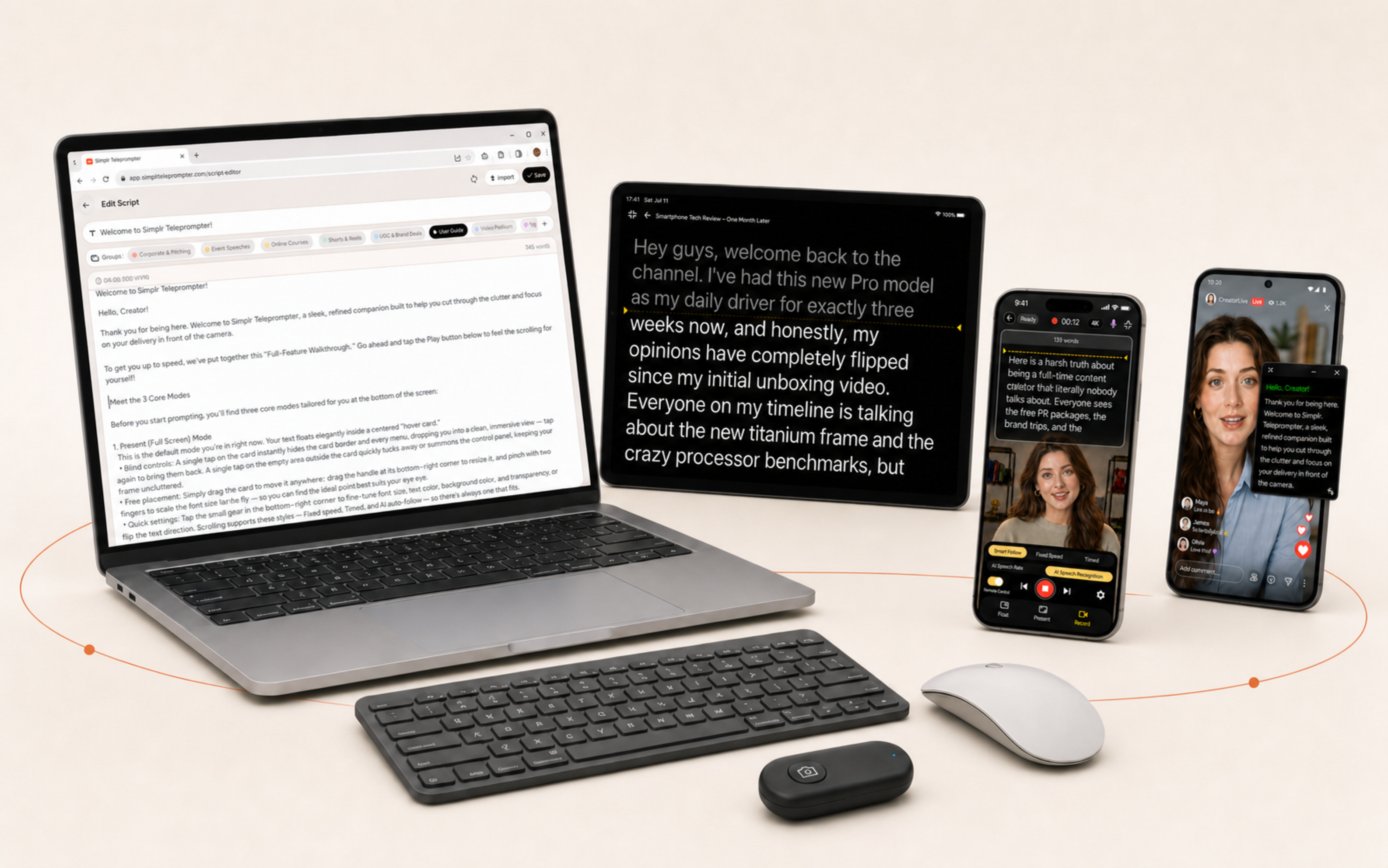 Simple Teleprompter on a laptop, tablet, iPhone, and Android phone with keyboard, mouse, and camera shutter remote