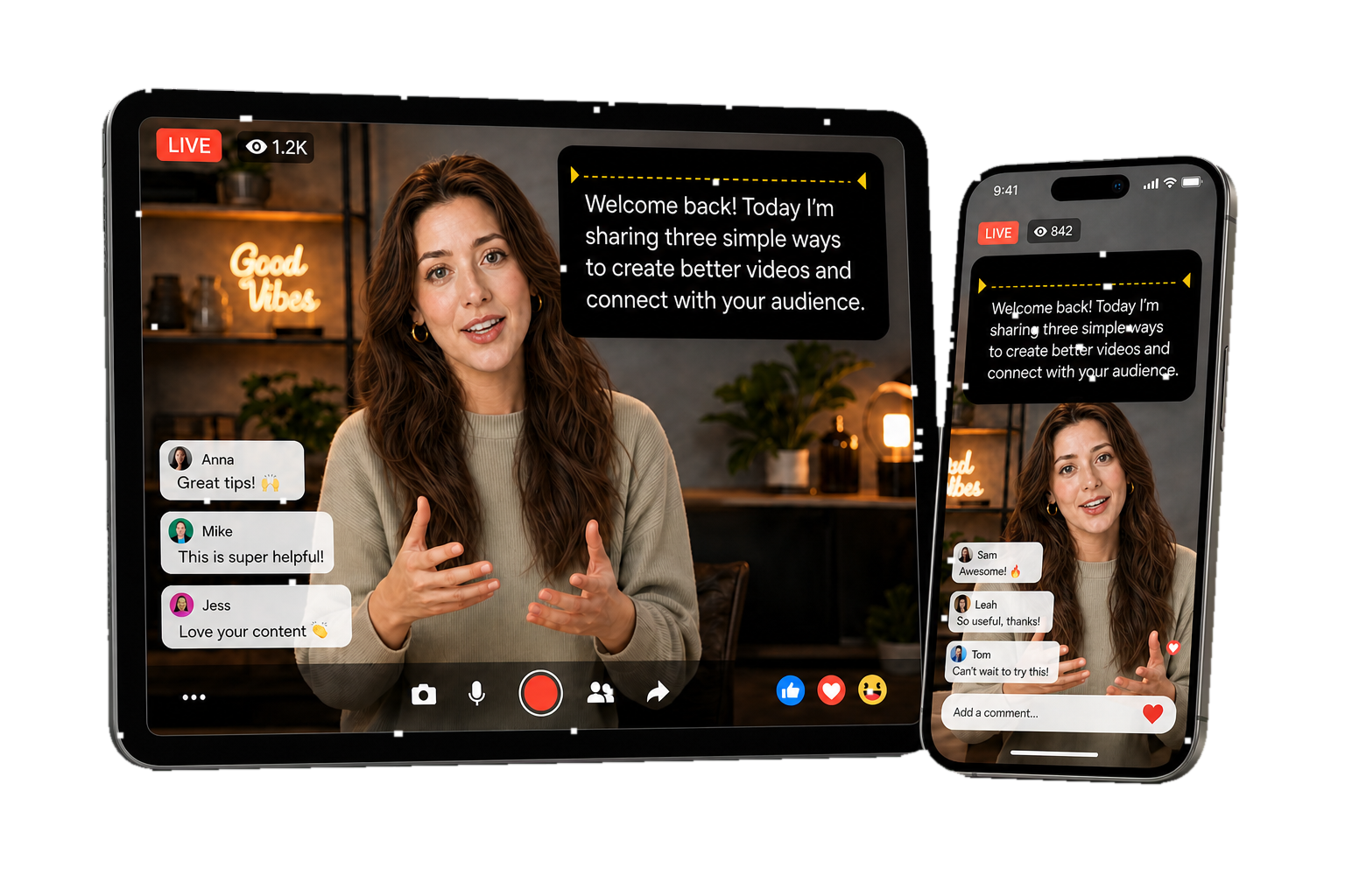 Simple Teleprompter supporting recording and livestreaming across a tablet and phone